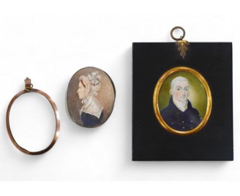 Two 19th century portrait miniatures, a profile portrait of a lady,  6 by 5cm, with locket of hair verso, mounted within a ye