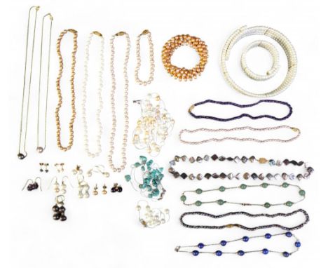 A collection of pearl and other jewellery, to include a 14ct gold jade necklace 40cm long.(1 bag)