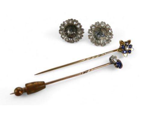 Two sapphire and diamond stick pins, with yellow metal mounts, one stick pin with single diamond and sapphire, each approxima