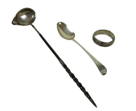 Three silver items, comprising table spoon, bangle and a ladle, weighable silver 82.5g/2.6 troy oz.(3)