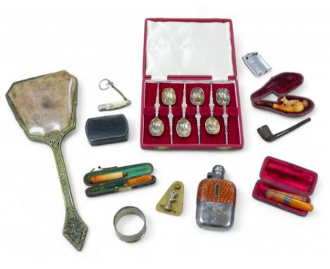 A silver and glass hip flask and other collectables, including cased cheroot holders and a pipe. (1 box)