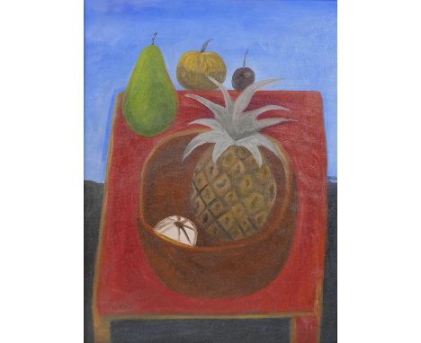 Mary Fedden OBE R.A. PPRWA (1915-2012): a still life study of fruit, oil on canvas, 39 by 29cm, framed 46.5 by 36.5cm.