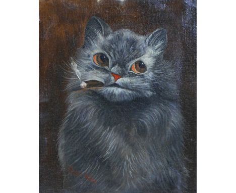 Louis William Wain (British, 1860-1939): cat smoking cigar, oil on canvas, signed in red paint to lower left corner, 29 by 24