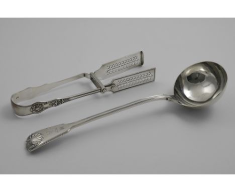 A VICTORIAN FIDDLE, THREAD &amp; SHELL PATTERN SOUP LADLE crested and initialled "N" by George Adams, London 1879, together w