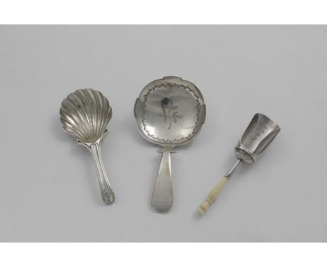 A GEORGE III CADDY SPOON with shoulders, a shaped circular bowl and engraving, by Edward Fairbrother, London 1814, a George I