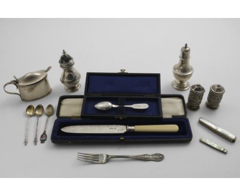 A MIXED LOT:- An ivory-handled cake knife in a fitted case, a Russian engraved tea spoon (in a box), an Edwardian oval mustar