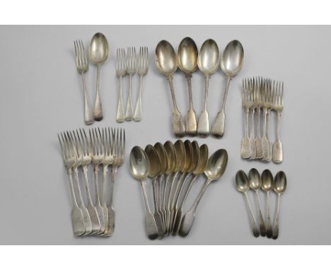 MISCELLANEOUS FLATWARE:- A set of six Victorian Fiddle pattern table forks, nine Fiddle &amp; Thread table spoons, all of the