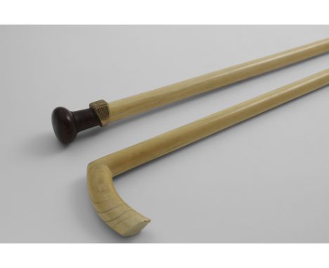 A 19TH CENTURY IVORY WALKING STICK  with a curved handle, and another ivory walking stick with a later applied gold ring and 