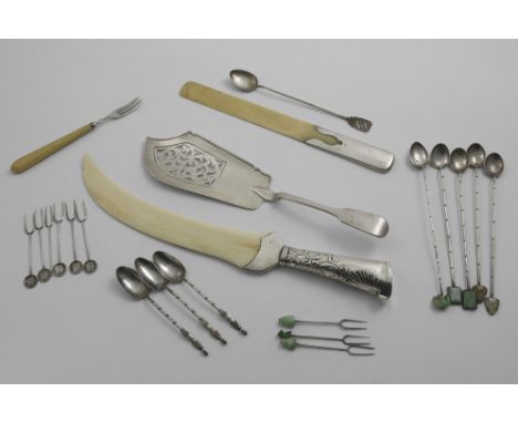 TWO EARLY 20TH CENTURY MOUNTED IVORY PAPER KNIVES A small quantity of oriental forks and spoons (some with carved jade finial