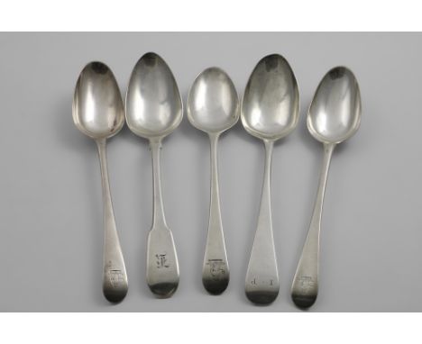 A PAIR AND A SINGLE GEORGE III TABLE SPOON Old English pattern, all crested to match, another table spoon, initialled "I.P", 