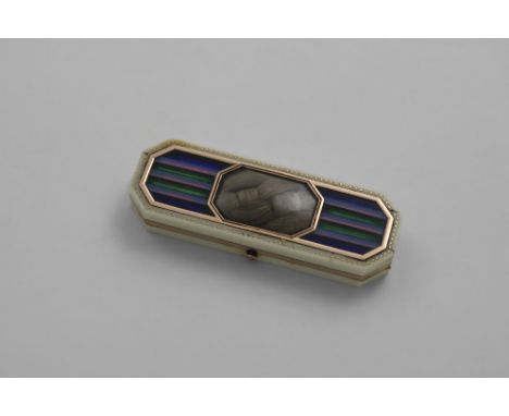 A GEORGE III GOLD-MOUNTED IVORY TOOTHPICK BOX of canted rectangular form, the cover inset with a blue, mauve &amp; green stri