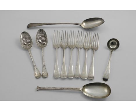 MISCELLANEOUS FLATWARE:- A set of six Edwardian Old English pattern table forks, initialled "B", by Joseph Rogers, Sheffield 