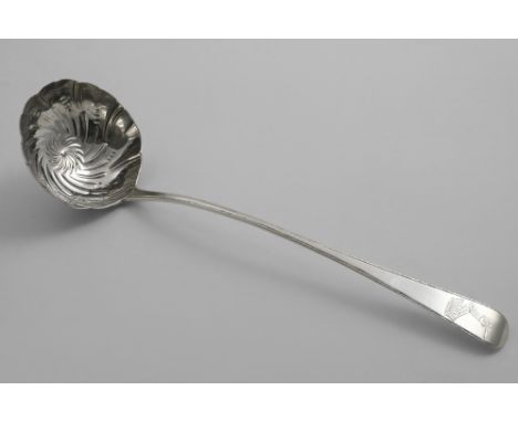 A GEORGE III IRISH PROVINCIAL SOUP LADLE with a wrythen-fluted bowl and a feather-edge stem, crested, by Carden Terry of Cork