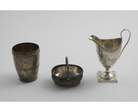 A GEORGE III BRIGHT-ENGRAVED HELMET CREAM JUG on a square pedestal base and a beaded rim, initialled, by John Lambe, London 1