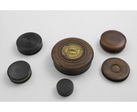 A GEORGE III GILT-METAL MOUNTED TORTOISESHELL CIRCULAR SNUFF BOX &amp; COVER A Victorian turned oak box &amp; cover, circular