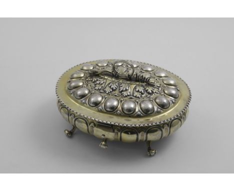 A LATE VICTORIAN PARCELGILT COPY OF A CAROLEAN SUGAR BOX with hinged cover, serpent ring handle &amp; hasp closure, by Carrin