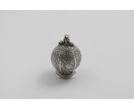 A RARE LATE 16TH / EARLY 17TH CENTURY POMANDER  with a globular segmented body and a domed circular base, the screw top secti