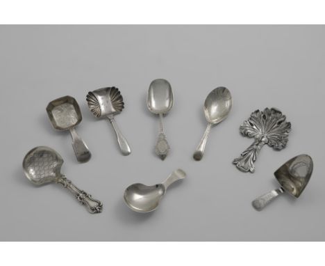 EIGHT VARIOUS ANTIQUE CADDY SPOONS by various makers, George III - Victorian;  the longest one 4"  (10 cms) long  (8);  2.45 