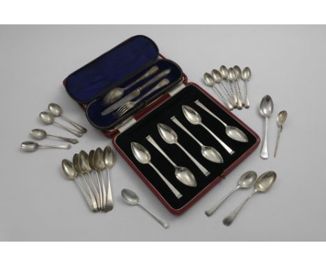 A CASED SET OF SIX ART DECO GRAPEFRUIT SPOONS Sheffield 1939, a cased Christening knife, fork and spoon, and a set of six cof