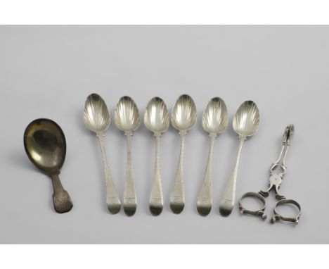 A GEORGE III CADDY SPOON initialled, by Josiah Snatt, London 1809, a pair of George II sugar nips, initialled, and a set of s