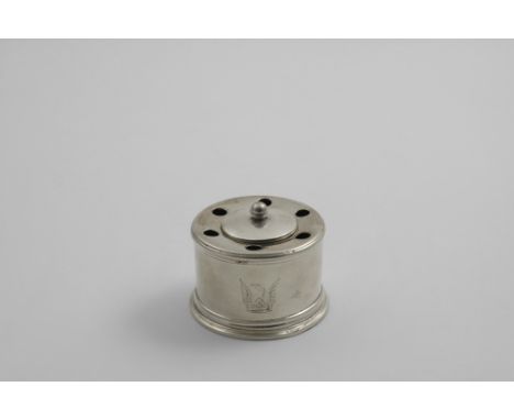 THE INKWELL (ONLY) FROM A QUEEN ANNE / GEORGE I INKSTAND squat cylindrical in form with a drop-in liner and six holes to take