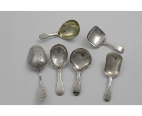 A RUSSIAN CADDY SPOON with a scoop shaped bowl and engraved decoration, Moscow 1890 and five various antique caddy spoons wit