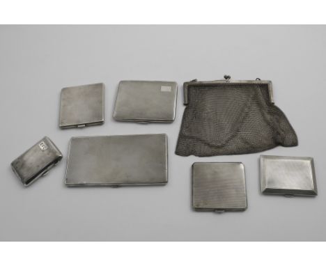 SIX VARIOUS CIGARETTE CASES with engine-turned decoration (most with dedications/initials) and a mesh purse hallmarked London