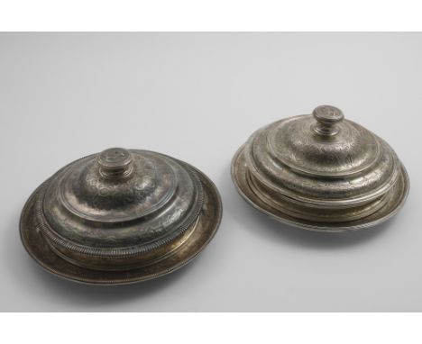 TWO 18TH CENTURY FRENCH DISHES AND COVERS (one with gadrooning; one reeded), each with an associated extender ring, hallmarke