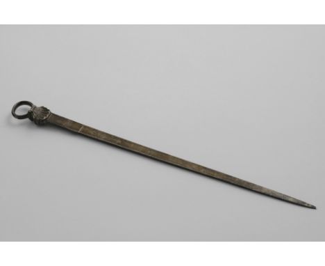 A GEORGE II / III MEAT SKEWER with a cast ring and shell terminal, crested and engraved with the scratchweight "3-9.5" by Ebe