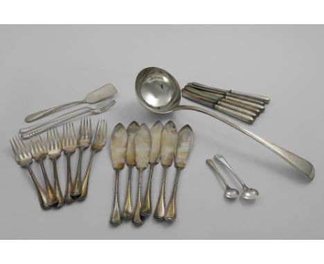 A VICTORIAN BEAD PATTERN SOUP LADLE crested, by George Adams, London 1856 and the following plated items:- A set of six Bead 