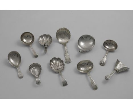 NINE VARIOUS ANTIQUE CADDY SPOONS including a Scottish Queen's pattern example and the bowl of a spoon (lacking its handle), 