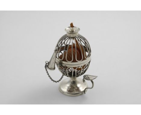 AN EDWARDIAN WAXJACK  with a wirework, globe-shaped body, pedestal base and conical snuffer, by G. Nathan &amp; R. Hayes, Che