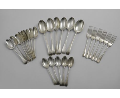 A COLLECTED PART-SERVICE OF OLD ENGLISH PATTERN FLATWARE TO INCLUDE:- Six table spoons, nine dessert spoons and five tea spoo