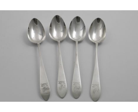 A SET OF FOUR GEORGE III IRISH PROVINCIAL TABLE SPOONS with pointed ends, crested, by Joseph Gibson of Cork (GIBSON,STERLING)