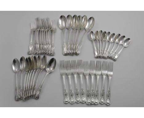 A COLLECTED PART-SERVICE OF KING'S PATTERN FLATWARE:- A set of six table spoons, nine dessert spoons and nine dessert forks, 