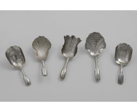 FIVE VARIOUS ANTIQUE CADDY SPOONS with hollow Fiddle pattern stems and engraved decoraitons (two with initials), by various m