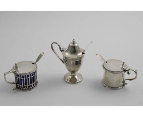 AN EDWARDIAN VASE-SHAPED MUSTARD POT by G. Nathan and R., Hayes, Chester 1907, and two Victorian drum mustard pots (one pierc