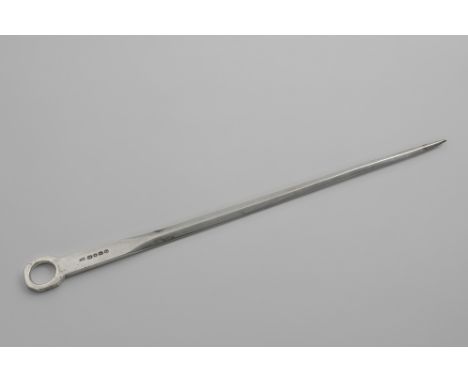 A GEORGE IV MEAT SKEWER with a canted square, ring terminal by William Chawner, London 1824;  14"  (35.5 cms) long;  4.25 oz