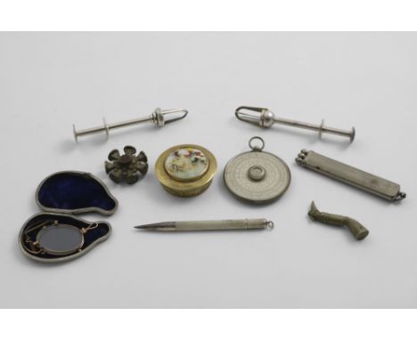 NICKEL &amp; OTHER METAL ITEMS TO INCLUDE:- A circular calibrated rule, gilt metal pinz-nez in a gun-metal case, a nickel "le
