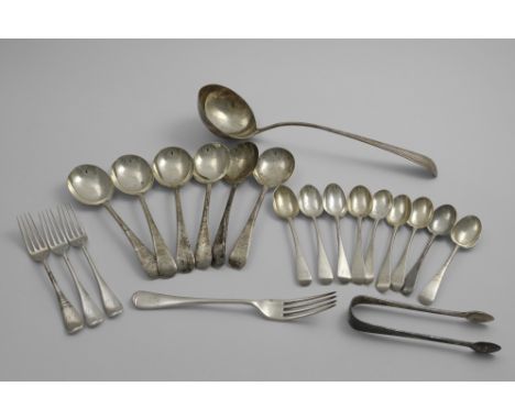 OLD ENGLISH PATTERN FLATWARE:- A set of nine tea spoons &amp; a pair of sugar tongs, initialled, by Charles Boyton, London 18