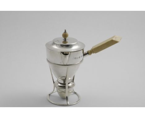 A LATE VICTORIAN BRANDY SAUCEPAN &amp; COVER with an ivory handle and finial, matching stand and burner, probably by Thomas W