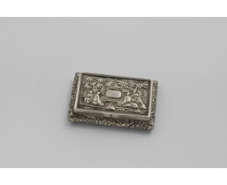A SMALL MID 19TH CENTURY CHINESE RECTANGULAR SNUFF BOX with chased convex sides, native figures under trees in relief on the 