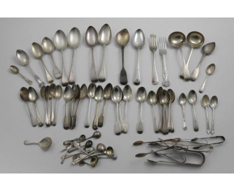 A MIXED LOT OF FLATWARE:- A pair of Victorian Fiddle sauce ladles, six various table spoons, four dessert spoons, two dessert