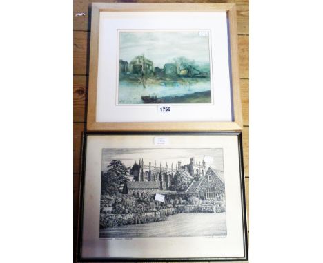 A framed original work, depicting rural buildings by water - signature verso - sold with a Charles Broadhurst monchrome print