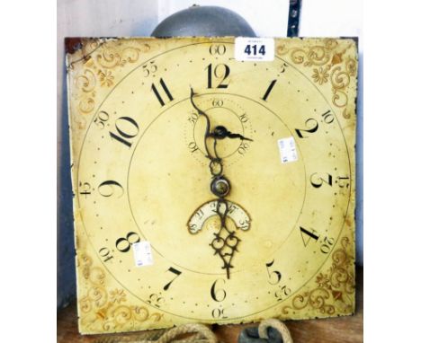 An antique brass birdcage framed thirty hour longcase clock movement married to a 28 cm square painted dial