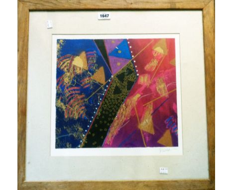 Memar: a framed gilt highlighted abstract coloured print