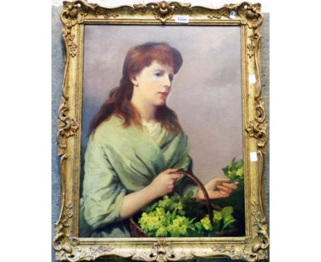 A gilt framed 19th Century oil on canvas portrait of a lady holding a basket of flowers - signed and dated M. Whitley 1886 - 