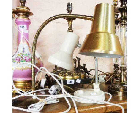 A vintage flexi stemmed desk lamp with gold finish - sold with another similar