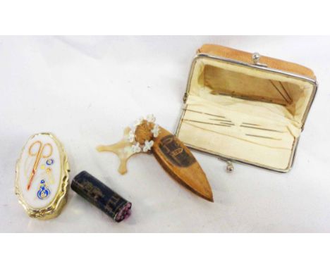 Various small sewing collectables including Mauchline bobbin, etc.