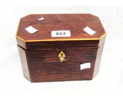 A rosewood veneered tea caddy with canted corners and boxwood stringing